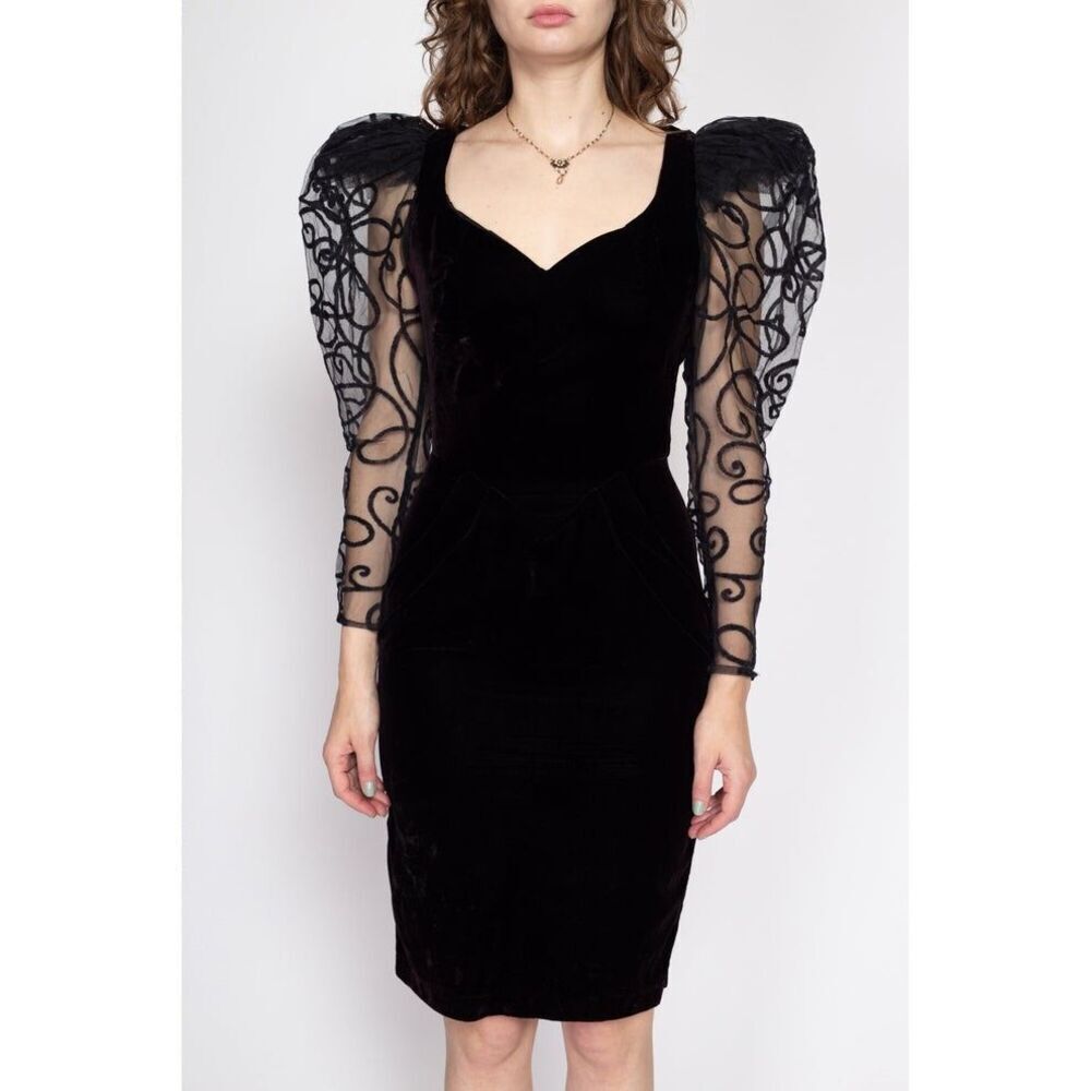 ✨80s Climax Karen Okada Velvet Sheer Puff Sleeve Party Sz 9/10 Dress✨